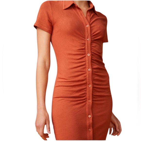 Monrow Supersoft Polo Shirred Faded Rust Short Sleeve Bodycon Dress Large - Picture 1 of 11